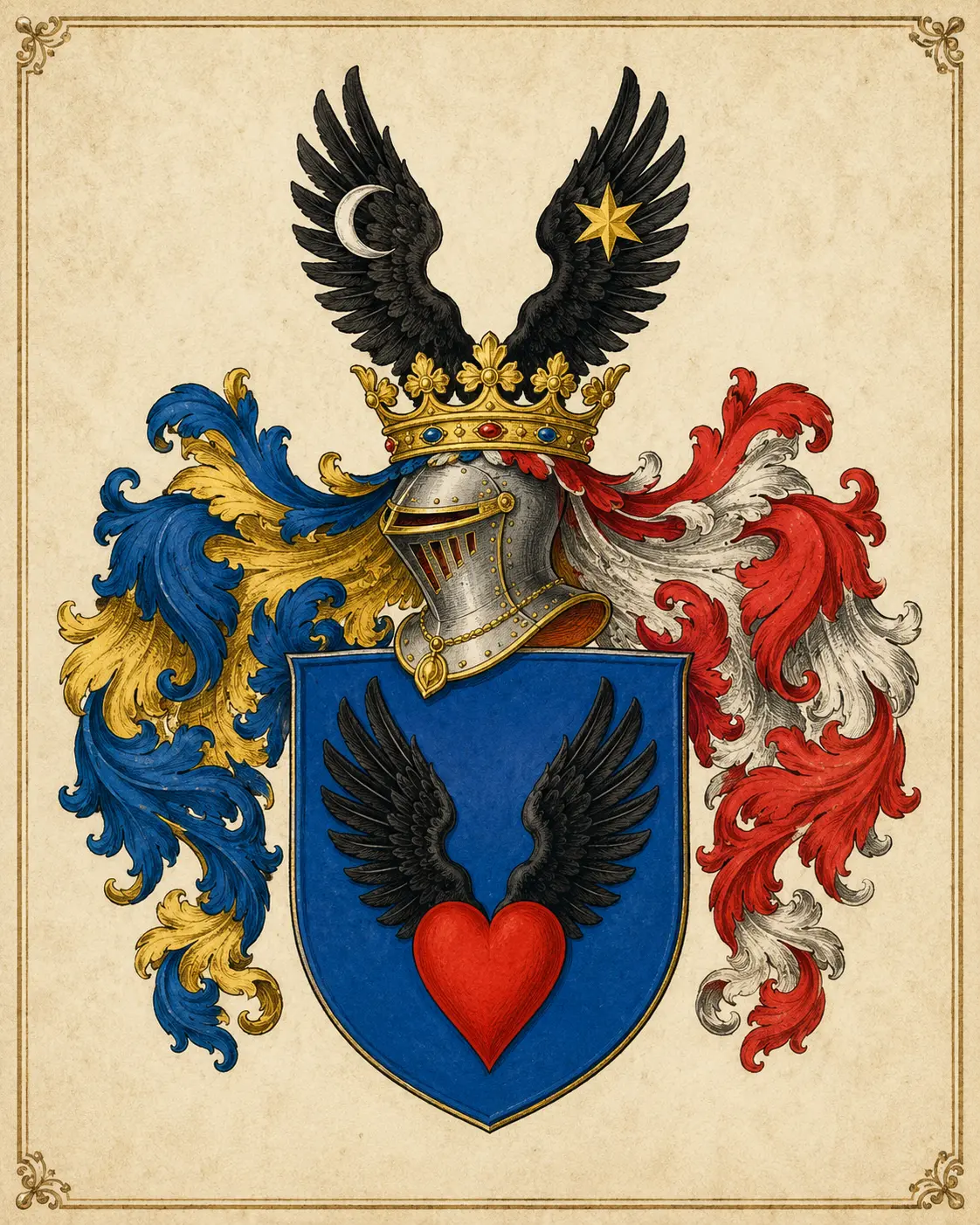 A Ragó család címere: kék pajzsban vörös szív, abból kiemelkedő nyitott sasszárny; sisakdíszként nyitott sasszárny félholddal és csillaggal
